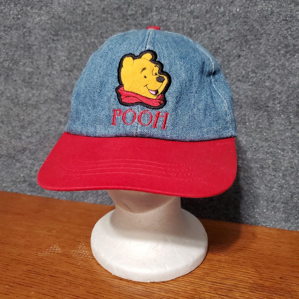 VTG Winnie The Pooh Denim Hat Adult Red Bill Disney POOH Spell Out Y2K 90s Cap